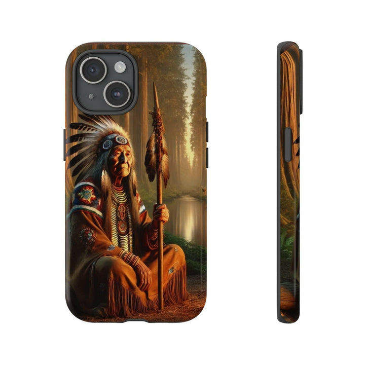 Phone case featuring a serene Native American elder holding a staff by a tranquil river. Detailed art for heritage appreciation.