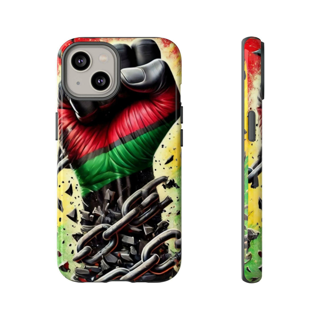 Black Pan-African fist phone case with chains breaking free, symbolizing strength and liberation. Durable and stylish for cultural expression.