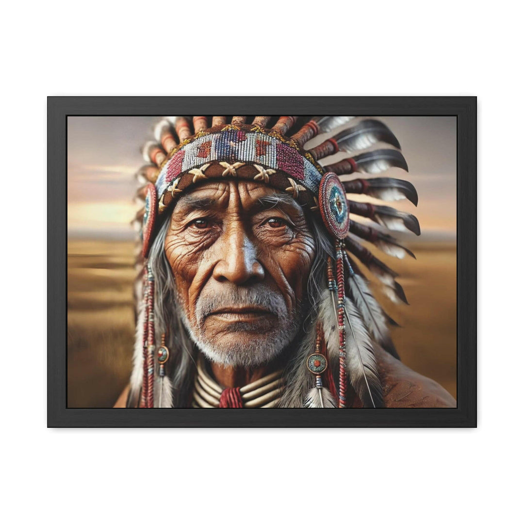 A detailed framed artwork of a wise Native American elder wearing a traditional feathered headdress, exuding a sense of wisdom and history.