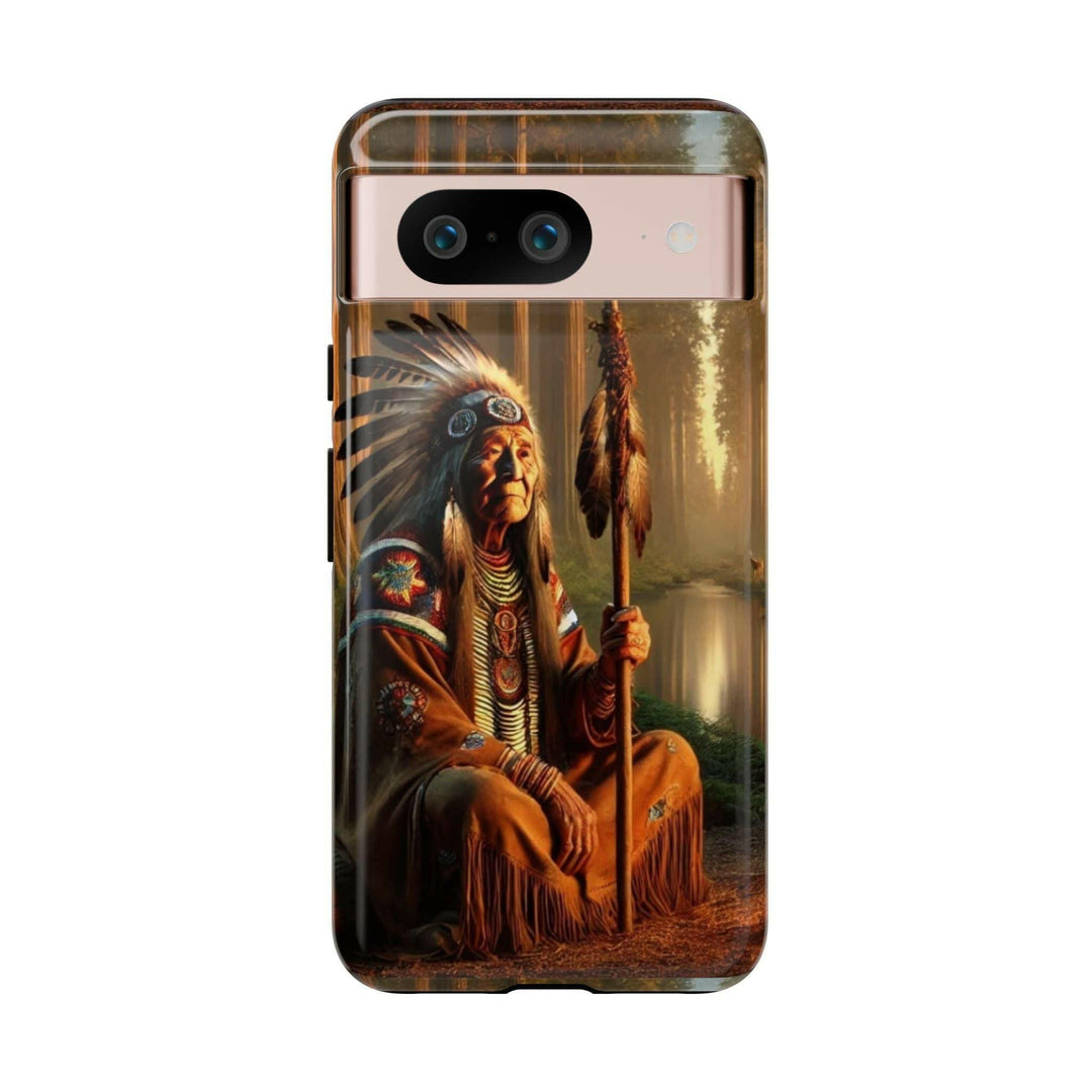 Phone case featuring a serene Native American elder holding a staff by a tranquil river. Detailed art for heritage appreciation.