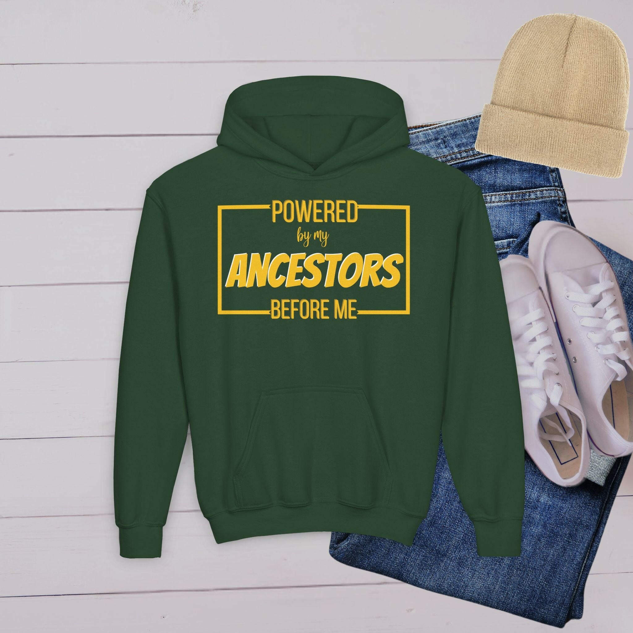 'Powered By My Ancestors’ Youth Hoodie - MKCM Modern Designs