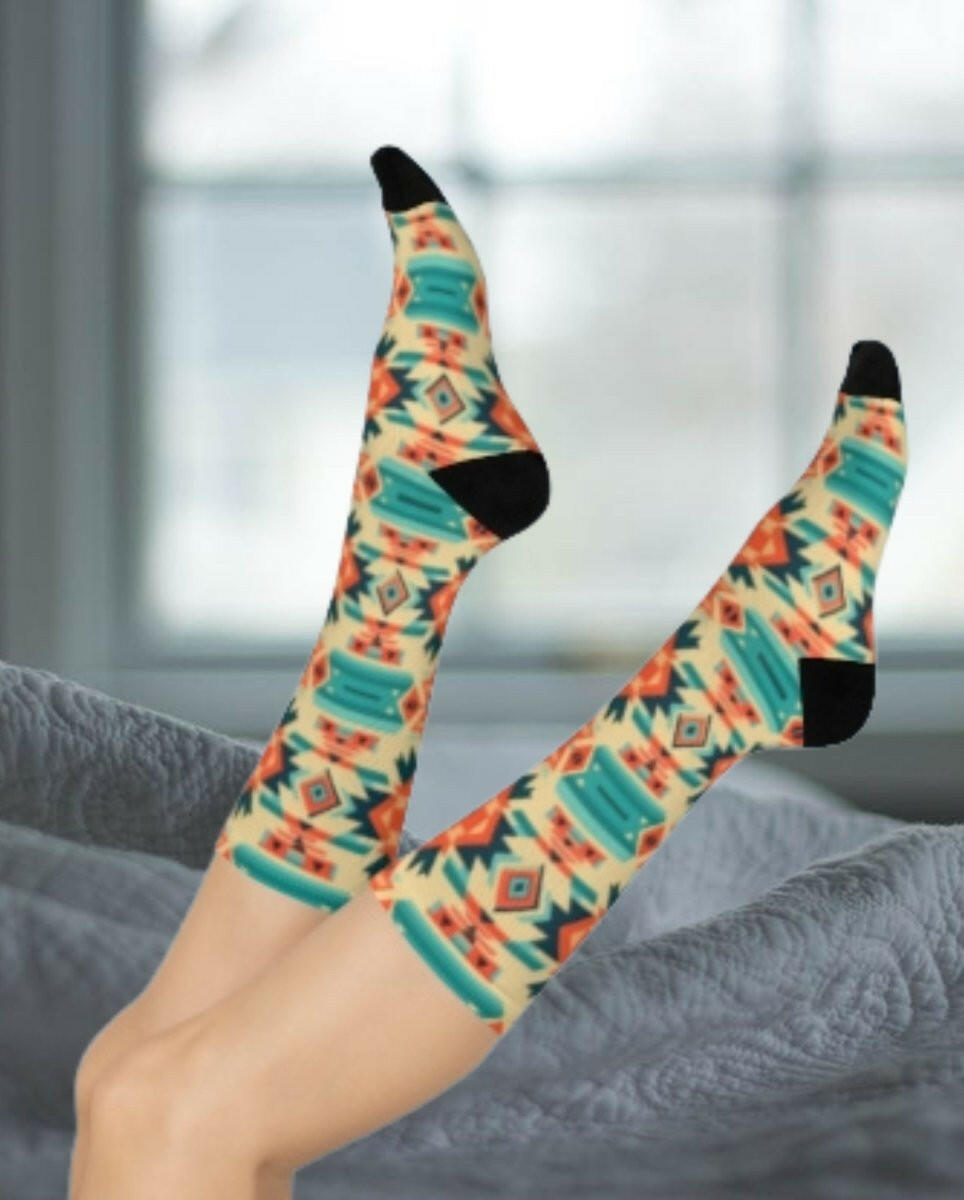 Southwestern Sunburst Tribal Pattern Crew Socks - MKCM Modern Designs