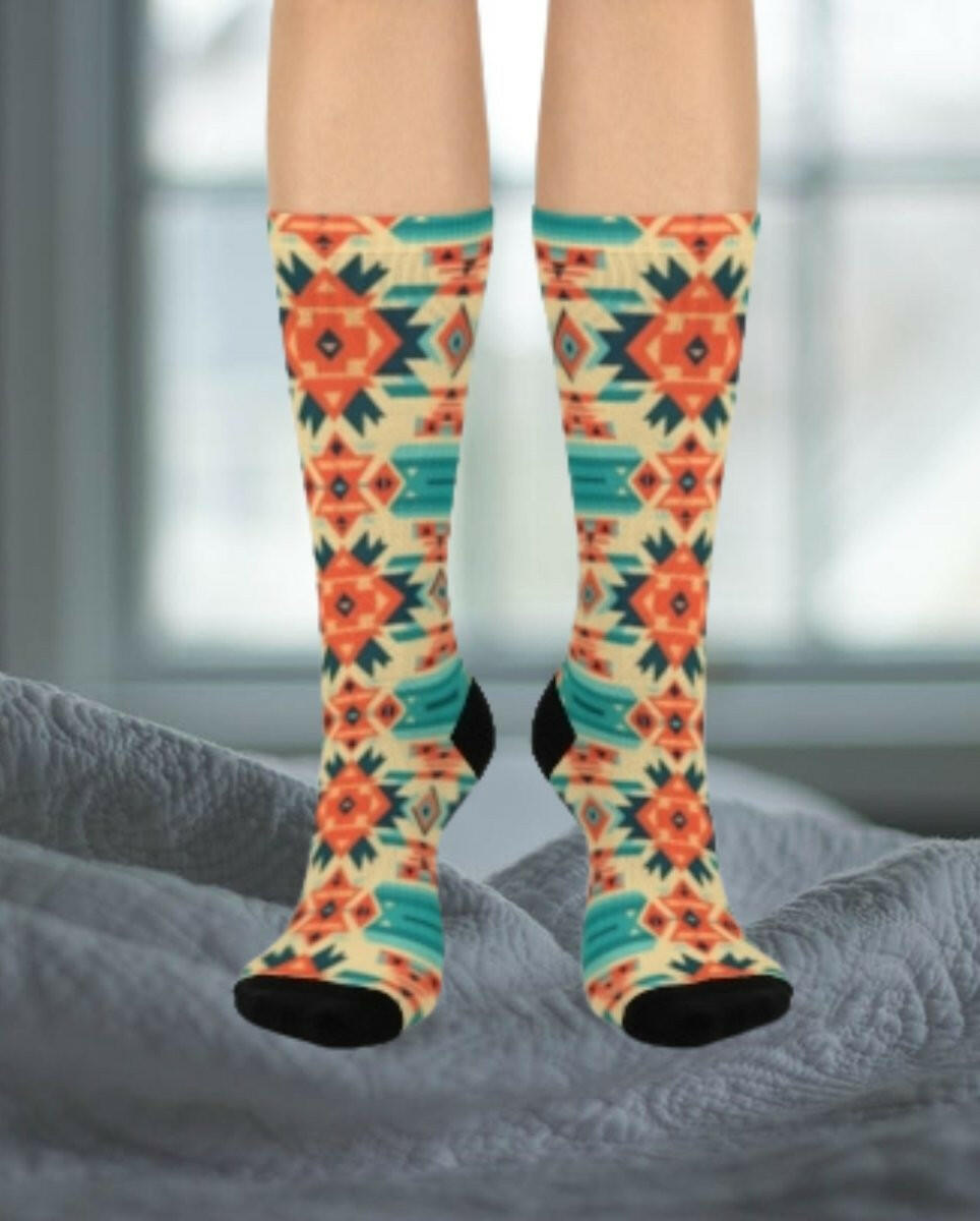 Southwestern Sunburst Tribal Pattern Crew Socks - MKCM Modern Designs